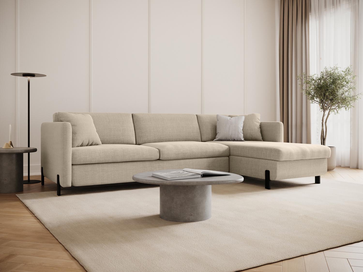 Beige Gloria Ecksofa rechts mit Schlaffunktion und Stauraum, stilvoll und funktional, ideal für moderne Wohnräume.