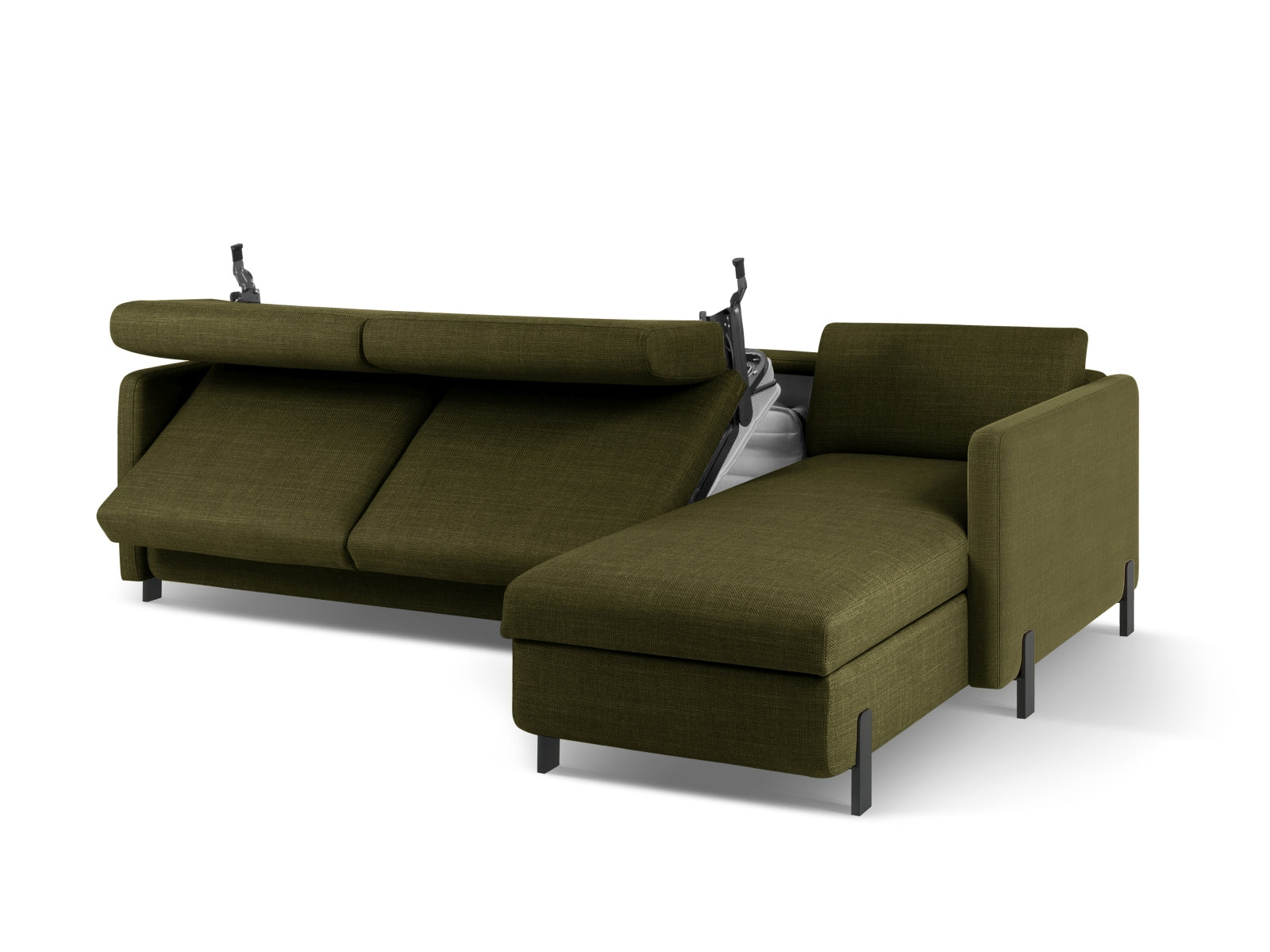Stylisches Ecksofa Gloria in elegantem Grün, bietet Platz für vier Personen, mit praktischer Schlaffunktion und Stauraum für Kissen und Decken.