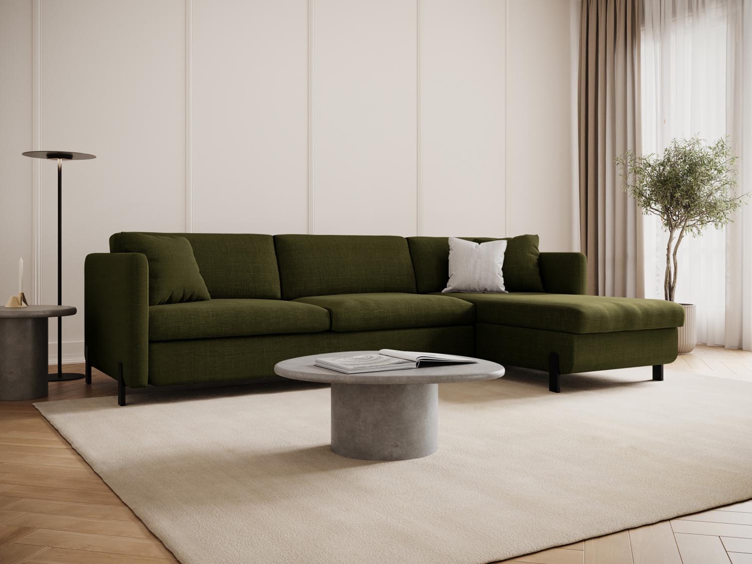 Stylisches Gloria Ecksofa in Grün mit Schlaffunktion und Stauraum, ideal für moderne Wohnräume und Gästeübernachtungen.