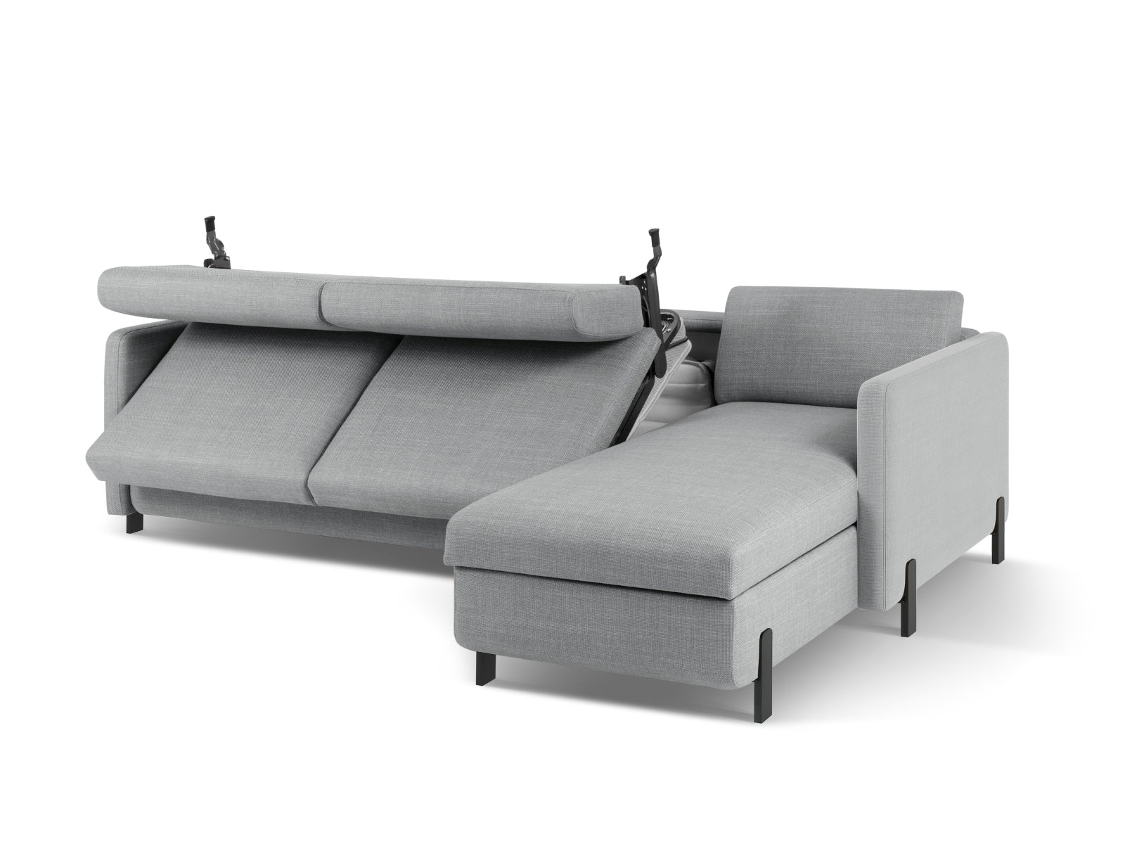 Stylisches, hellgraues Ecksofa Gloria, 4-Sitzer mit praktischer Schlaffunktion und integriertem Stauraum für vielseitige Nutzung.