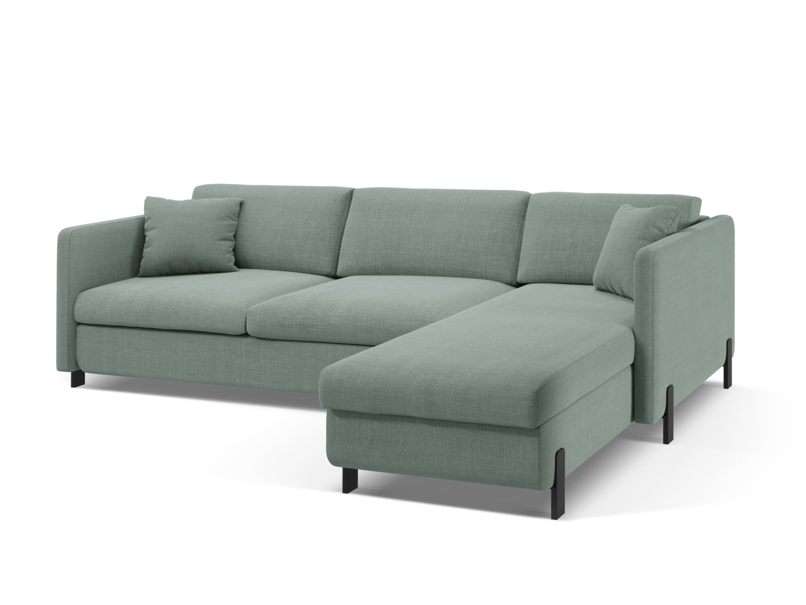 Elegantes Ecksofa Gloria in sanftem Mintgrün, bietet Schlafgelegenheit und praktischen Stauraum für stilvolle Wohnkonzepte.
