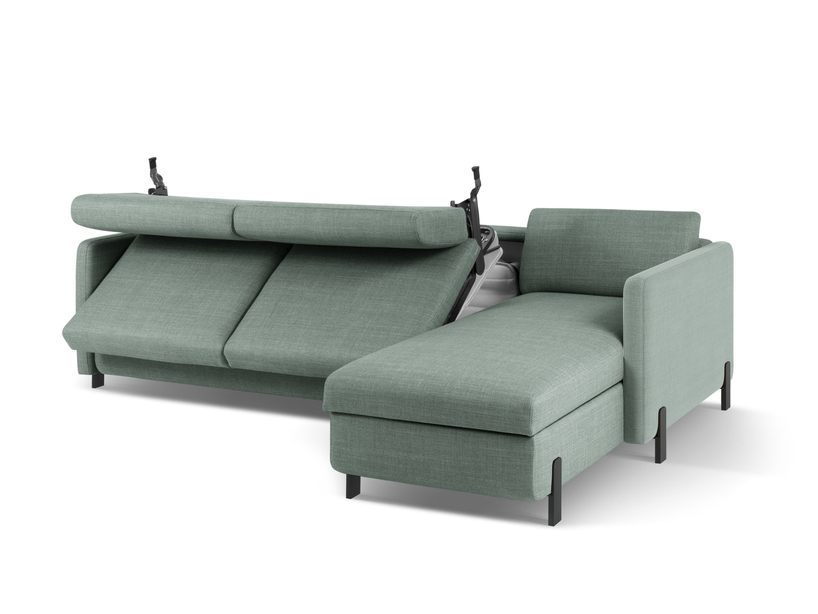 Elegantes 4-Sitzer Ecksofa Gloria in zartem Mintgrün, ausgestattet mit Schlaffunktion und Stauraum für zusätzlichen Komfort.