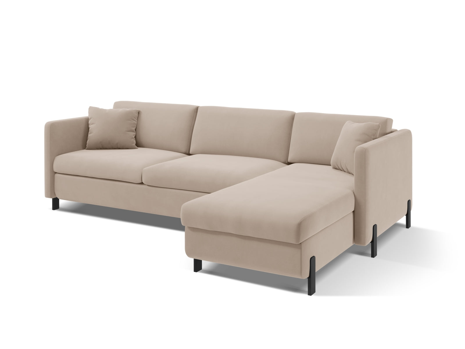 Erleben Sie das stilvolle Gloria Velour Ecksofa rechts von Micadoni – ein 4-Sitzer mit praktischer Schlaffunktion für gemütliche Abende und erholsame Nächte.
