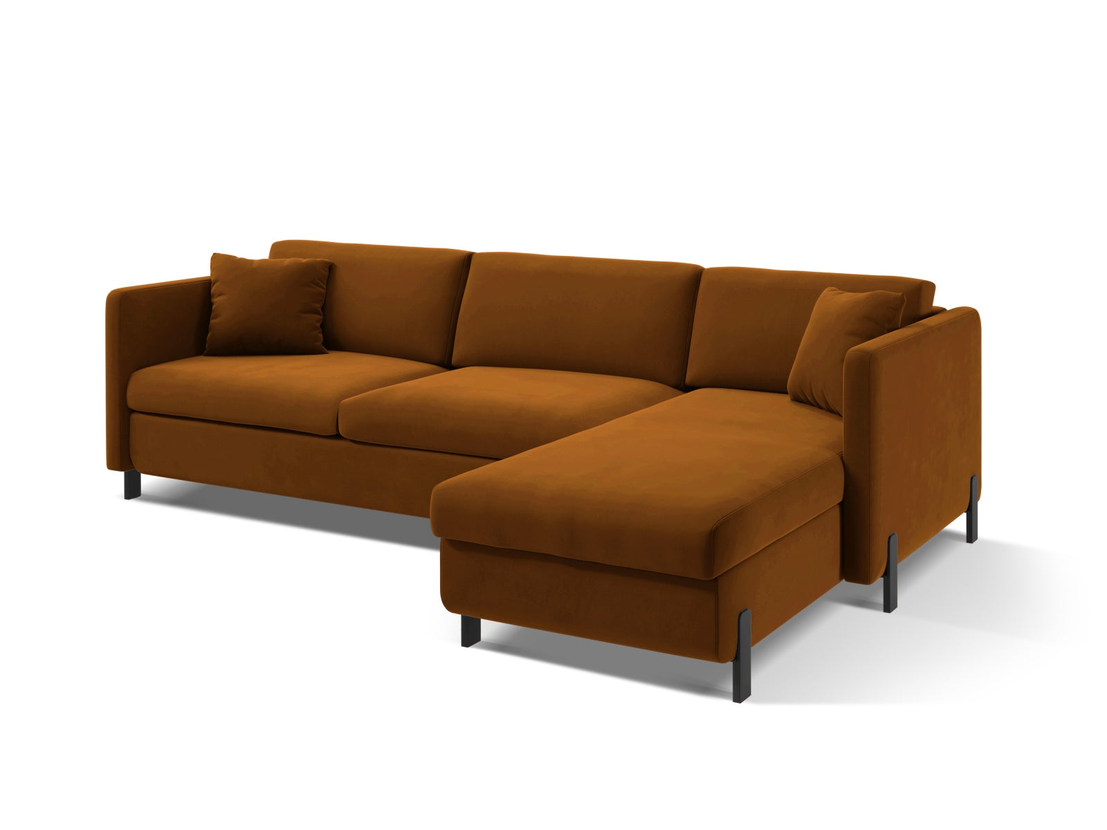 Entdecken Sie das elegante Gloria Velour Ecksofa rechts von Micadoni – ein 4-Sitzer mit Schlaffunktion, ideal für entspannte Abende und komfortable Nächte.