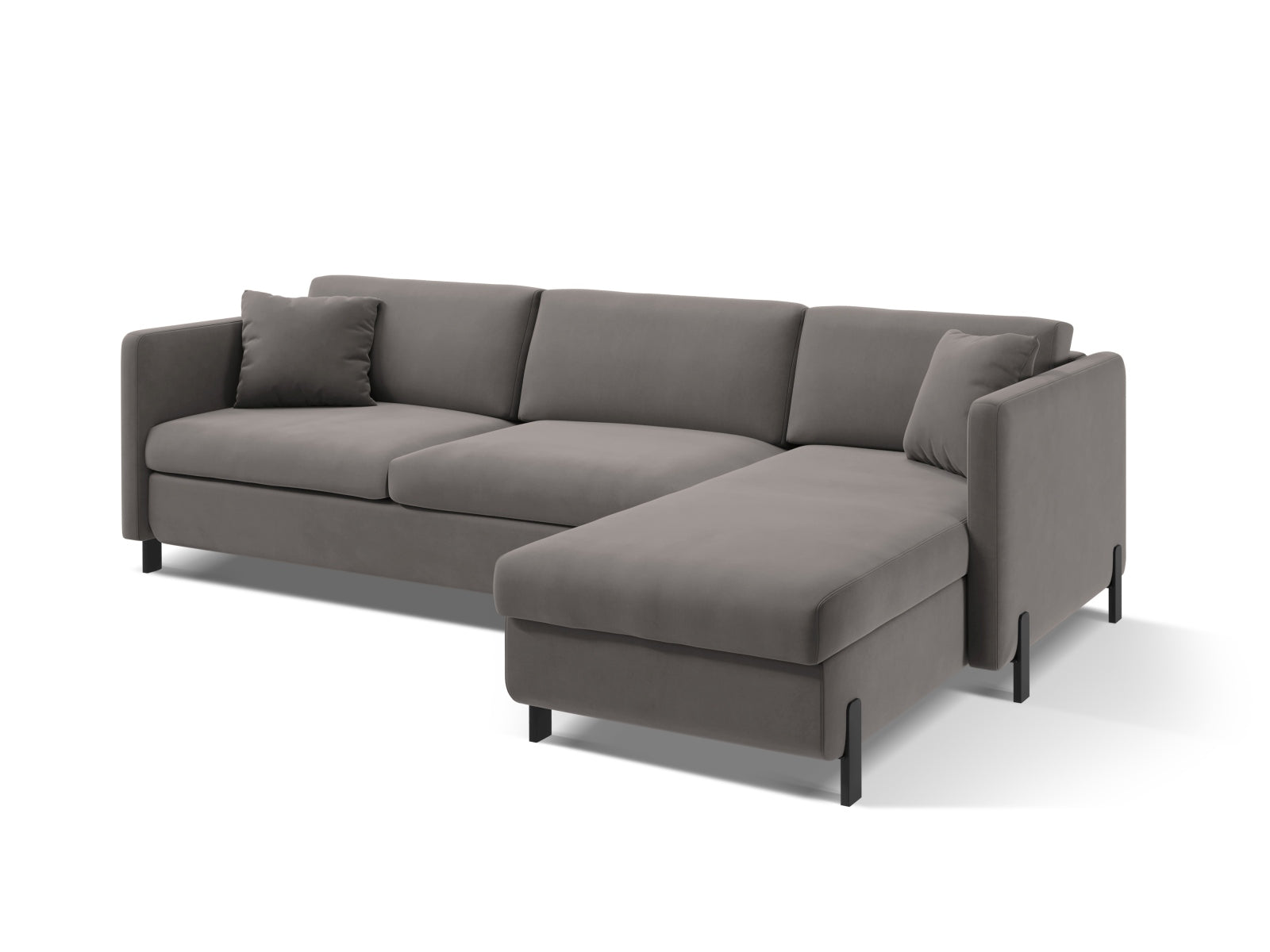 Stylisches Ecksofa Gloria aus Velours in Grau, rechtsseitig, mit praktischer Schlaffunktion und integriertem Stauraum für optimale Raumnutzung.