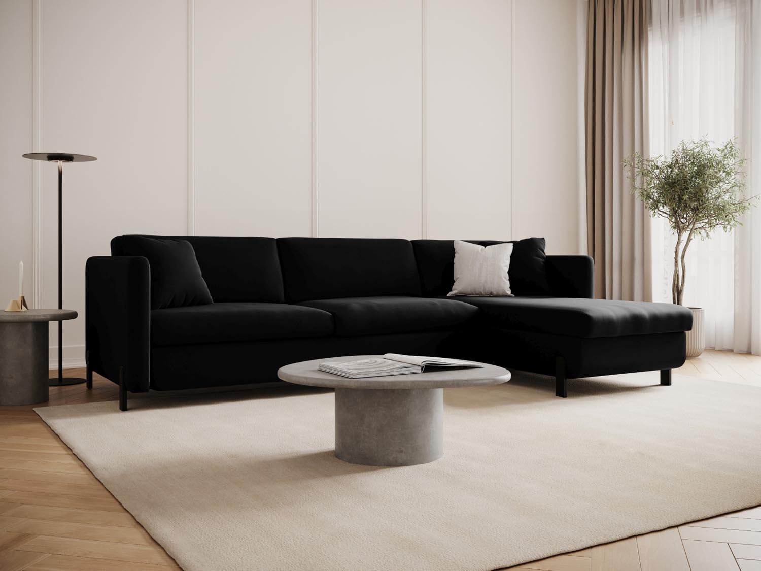 Elegantes Gloria Velour Ecksofa in Schwarz, rechtsseitig, mit Schlaffunktion und Stauraum für stilvolle Wohnräume.