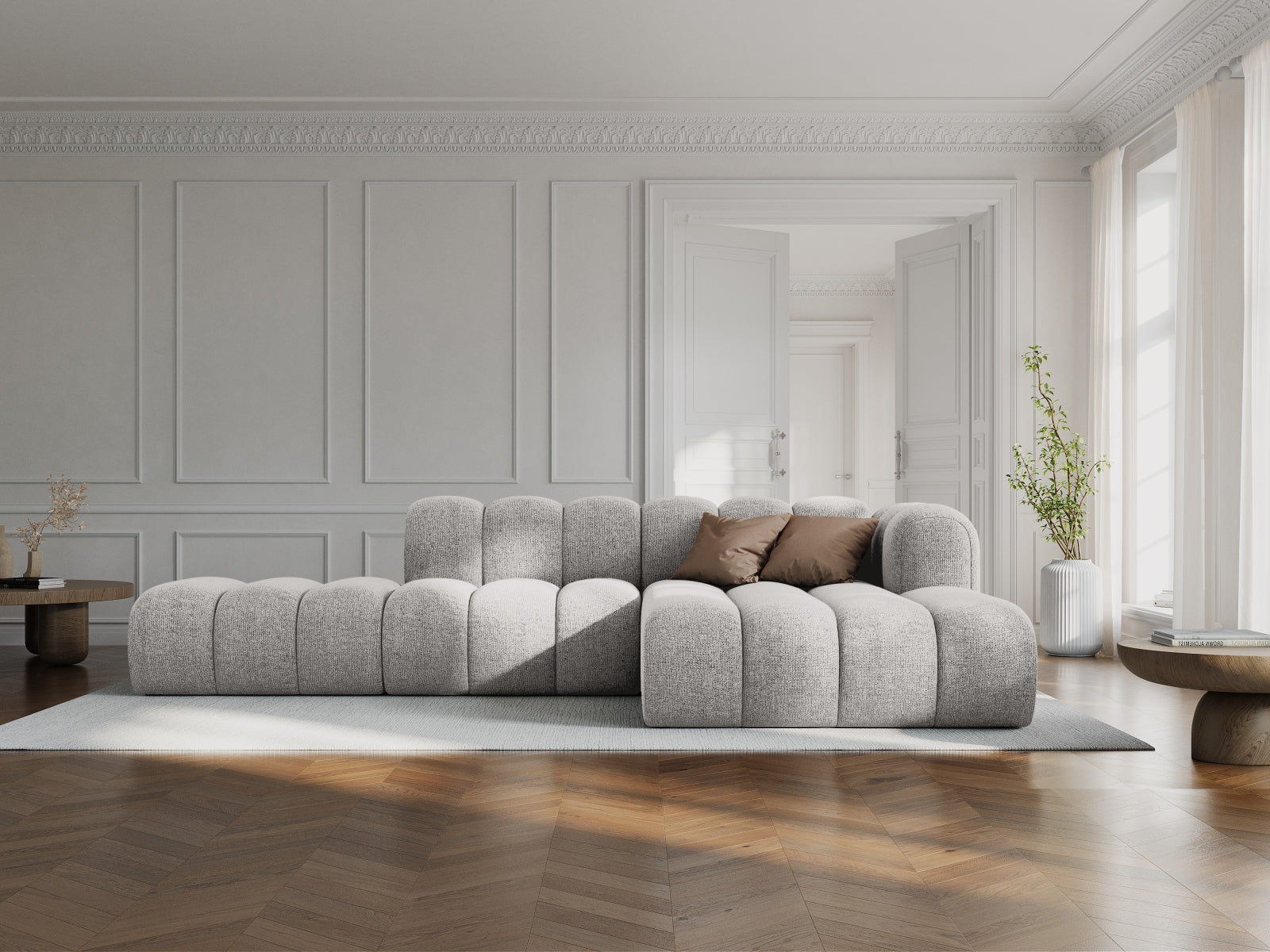 Entdecken Sie das stilvolle Lupine Ecksofa open rechts – ein 5-Sitzer von Micadoni, das modernes Design und hohen Komfort vereint.