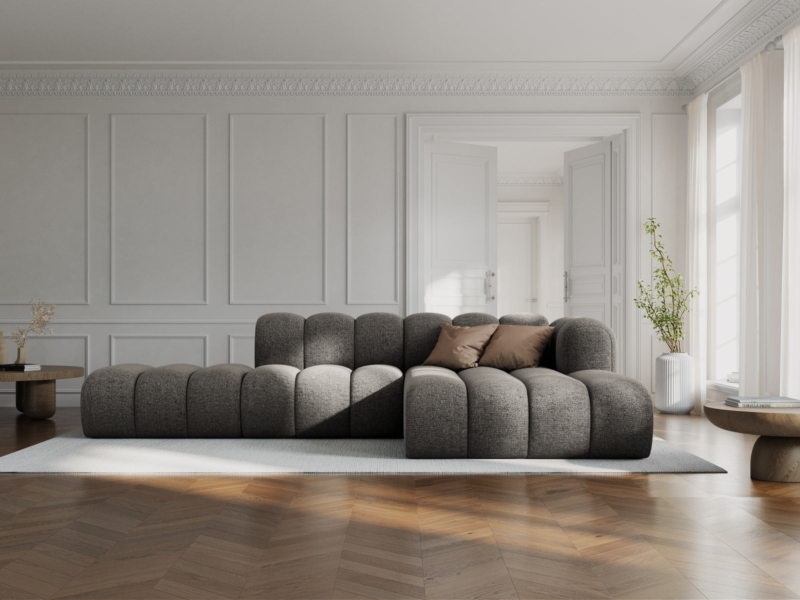 Entdecken Sie das stilvolle Lupine Ecksofa open rechts – ein 5-Sitzer von Micadoni, das modernes Design und hohen Komfort vereint.