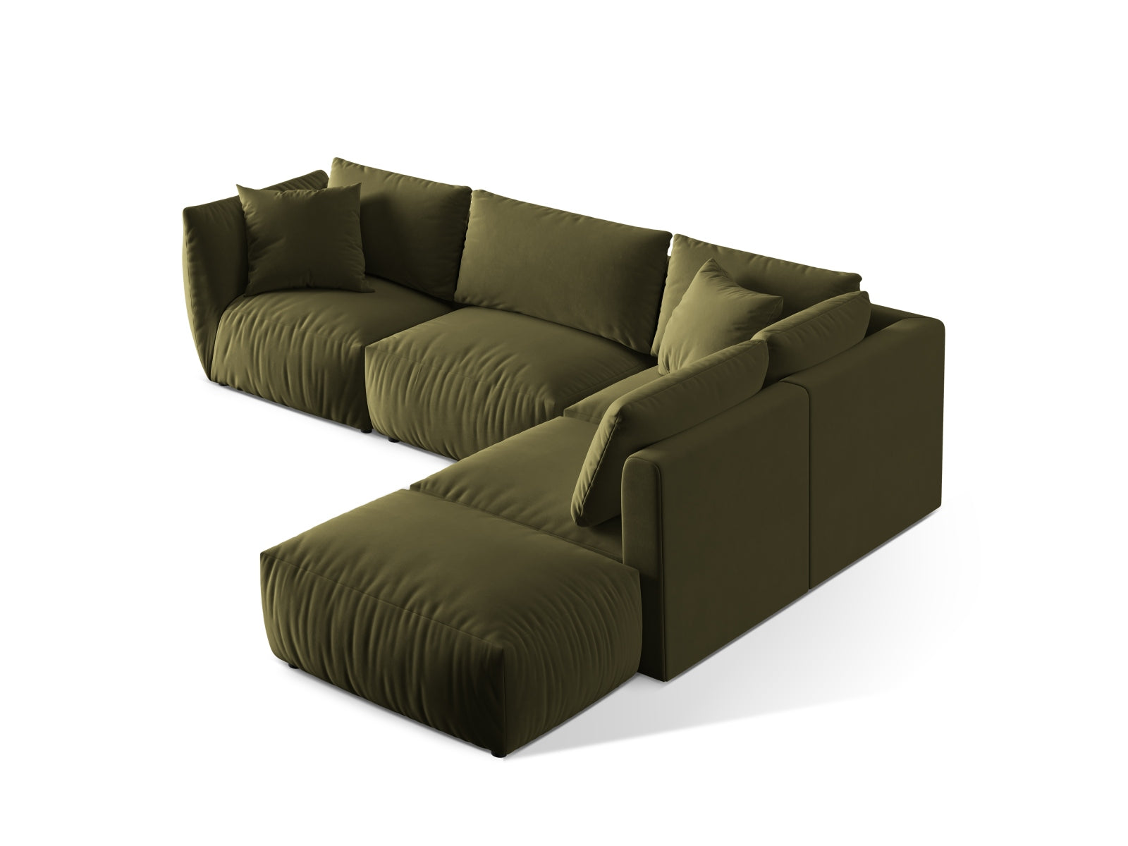 Modulares Chris Velour Ecksofa in sanftem Hellgrün, ideal für gemütliche Wohnräume, vereint Funktionalität und zeitgemäße Ästhetik.