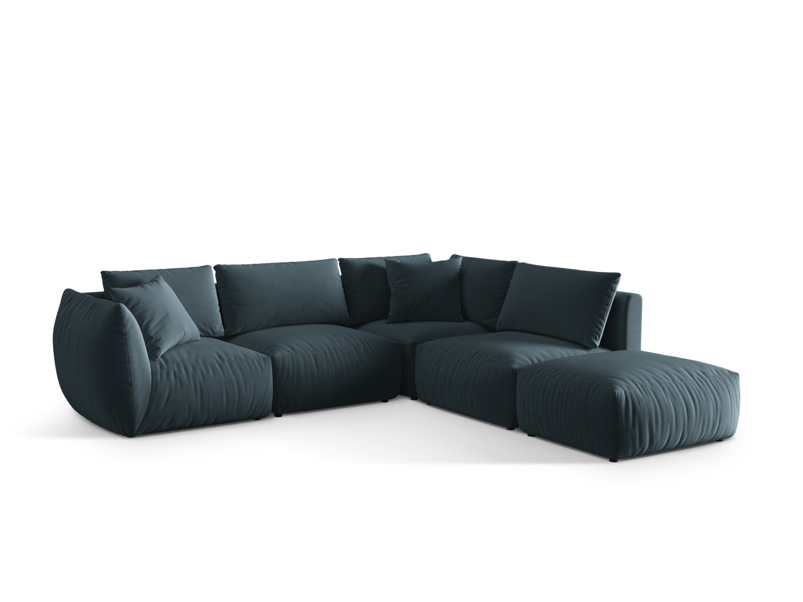 Modulares Chris Velour Ecksofa in sanftem Pastellblau, bietet Komfort und Stil für jedes Wohnzimmer. Ideal für gesellige Abende.