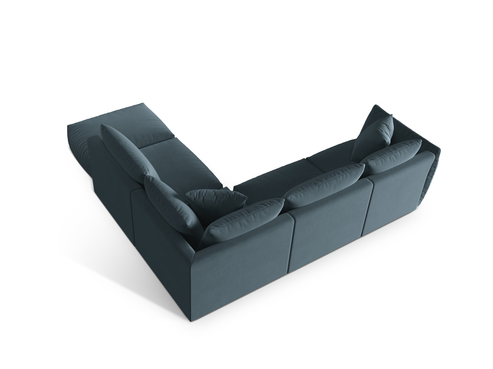 Stylisches Chris Velour Ecksofa in sanftem Pastellblau, ideal für gemütliche Abende und stilvolle Einrichtung im Wohnbereich.