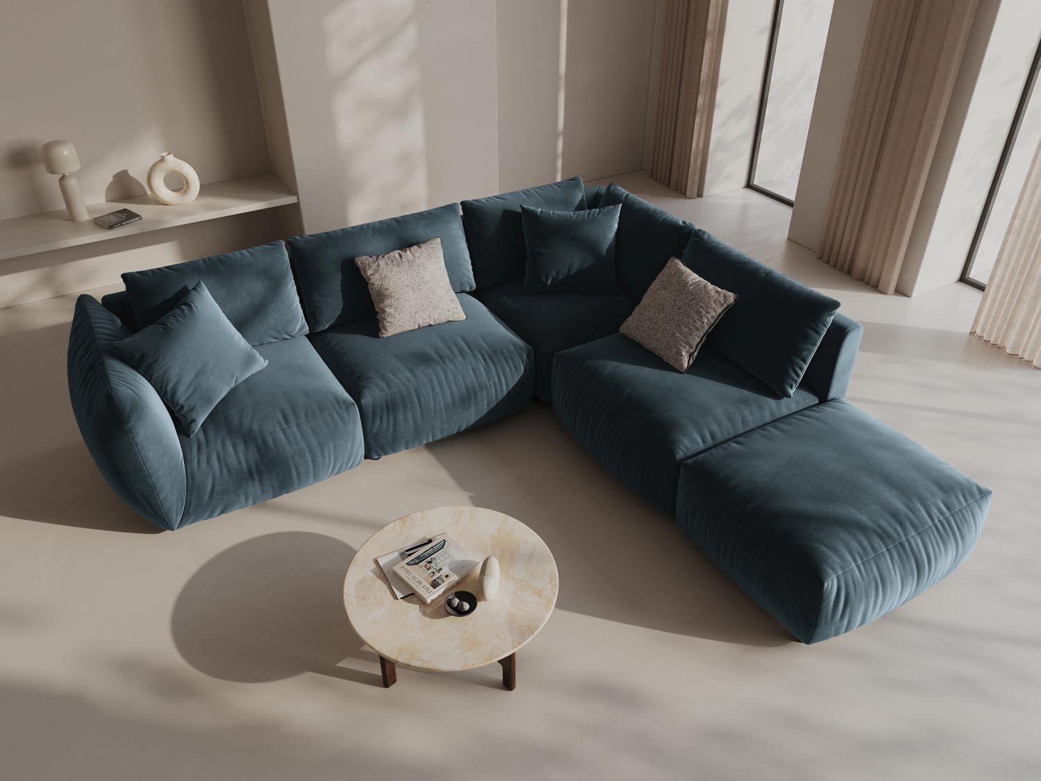 Elegantes Chris Velour Ecksofa in Pastellblau, ideal für stilvolle Wohnräume. Modular und bequem, perfekt für entspannte Abende.