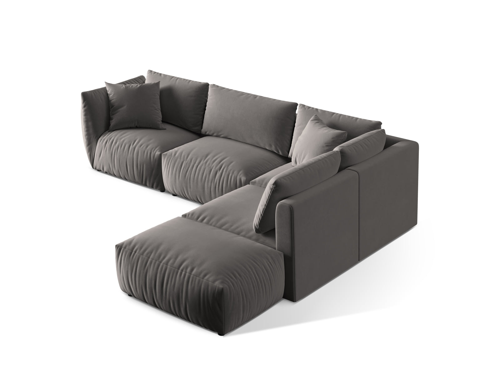Elegantes Chris Velour Ecksofa in Grau, 4-Sitzer, modulare Bauweise für individuelle Raumgestaltung und hohen Sitzkomfort.
