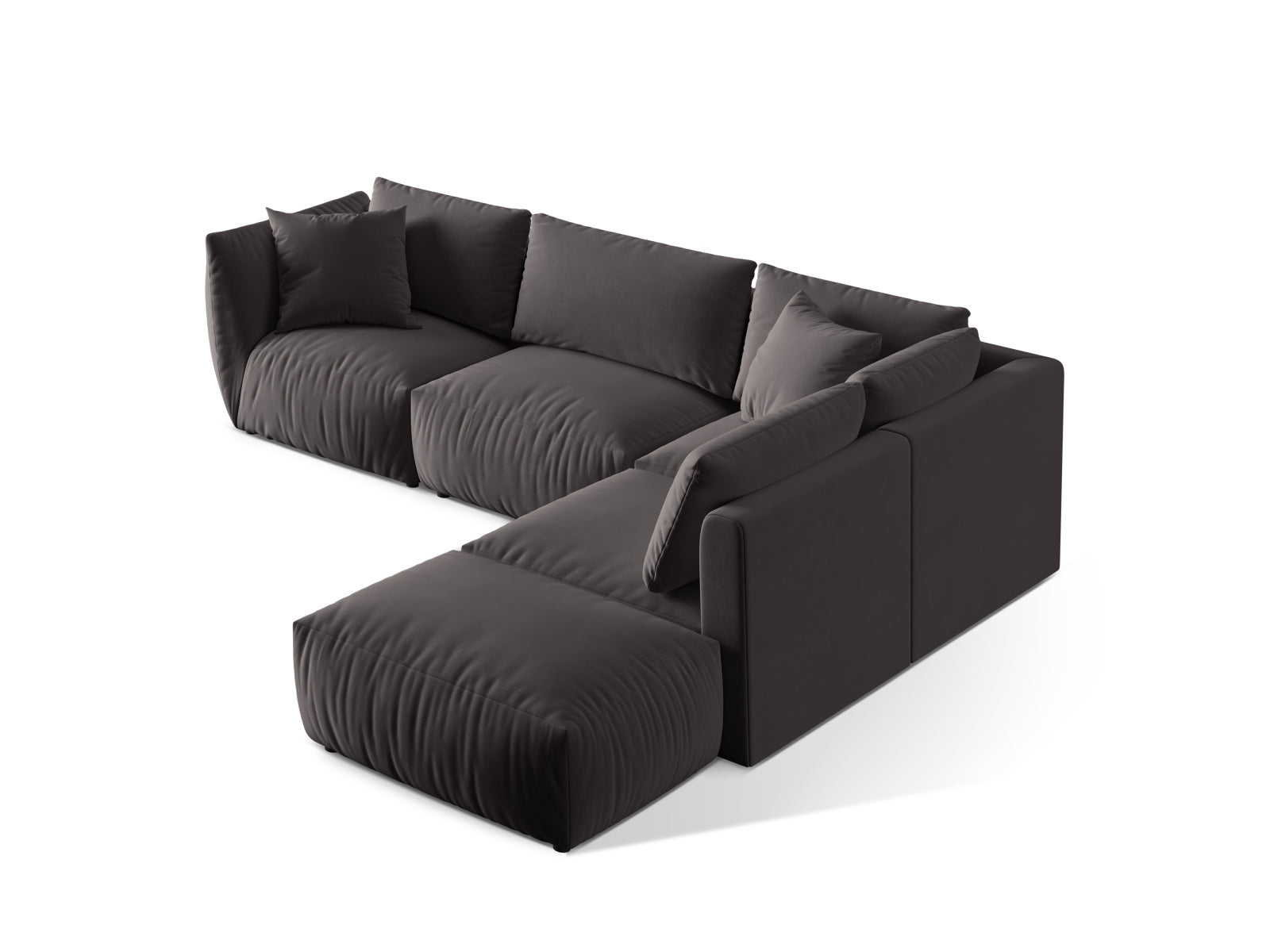 Modulares Ecksofa Chris in edlem Velours-Dunkelgrau, perfekt für entspannte Stunden und stilvolle Wohnräume.