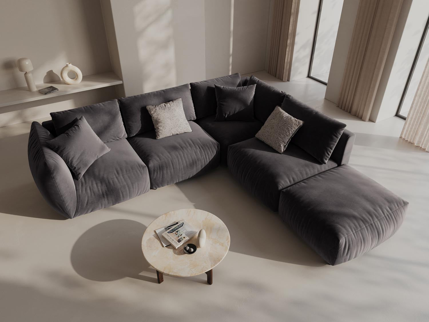 Stylisches Chris Velour Ecksofa in Dunkelgrau, ideal für moderne Wohnräume. Modular und bequem, perfekt für entspannte Abende.