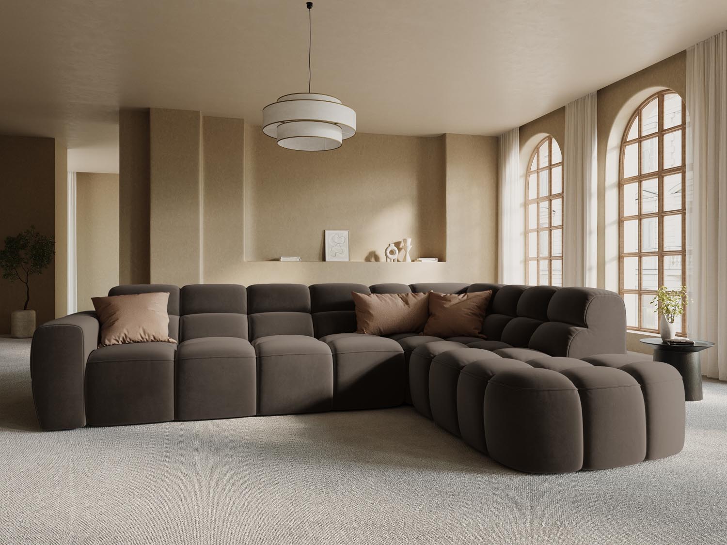 Erleben Sie das stilvolle Lisa Velour Ecksofa rechts von Micadoni. Dieses 5-Sitzer Sofa vereint modernen Komfort und elegantes Design für Ihr Wohnzimmer.