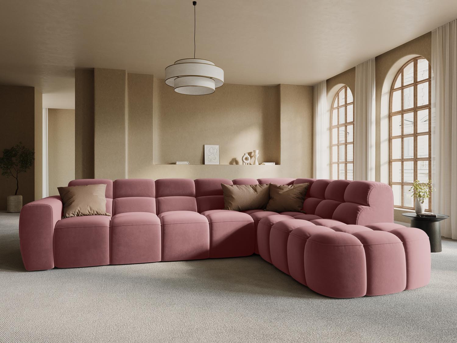 Erleben Sie das stilvolle Lisa Velour Ecksofa rechts von Micadoni. Dieses 5-Sitzer Sofa vereint Komfort und modernes Design für Ihr Wohnzimmer.