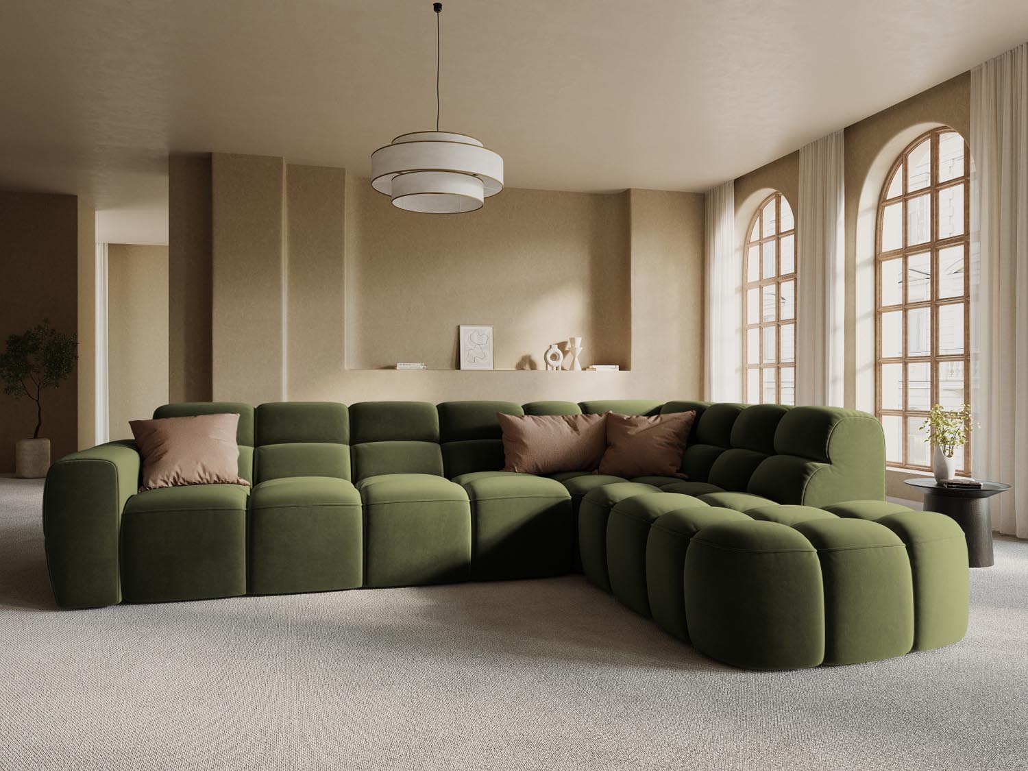 Erleben Sie das stilvolle Lisa Velour Ecksofa rechts von Micadoni. Dieses 5-Sitzer Sofa vereint modernen Komfort und elegantes Design für Ihr Wohnzimmer.