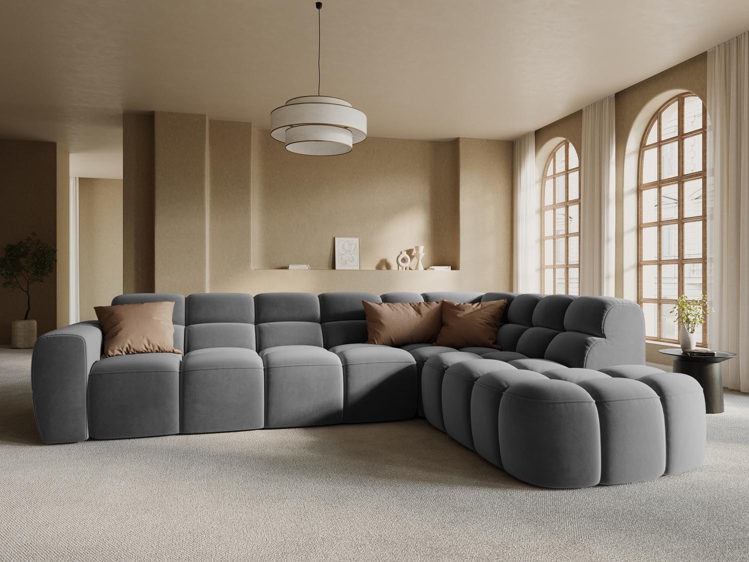 Erleben Sie das stilvolle Lisa Velour Ecksofa rechts von Micadoni. Dieses 5-Sitzer Sofa vereint modernen Komfort und elegantes Design für Ihr Wohnzimmer.