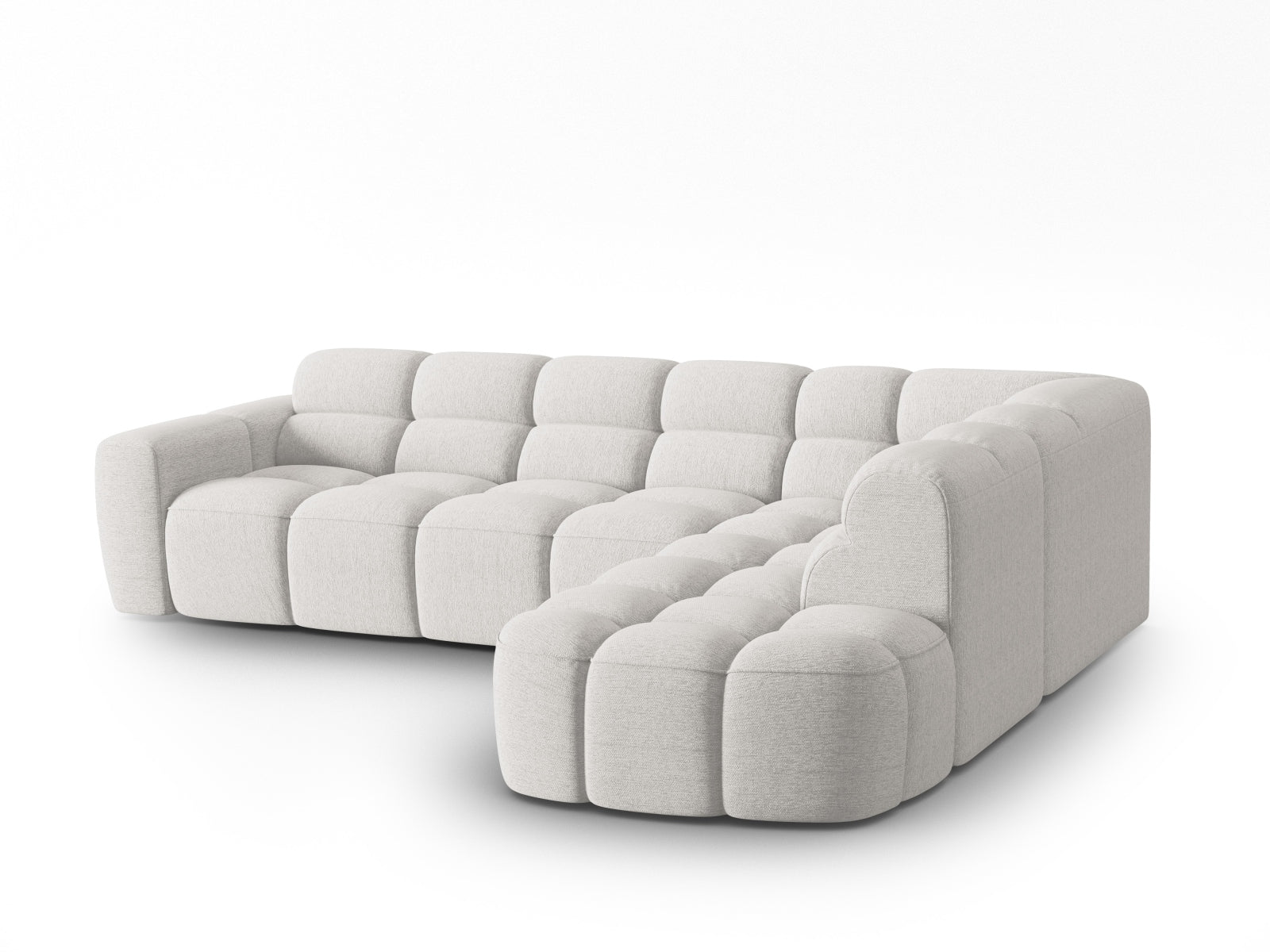 Erleben Sie das stilvolle Lisa Ecksofa rechts 5 Sitzer von Micadoni. Luxuriöser Velours, viel Platz und zeitgemässes Design für Ihr Zuhause.
