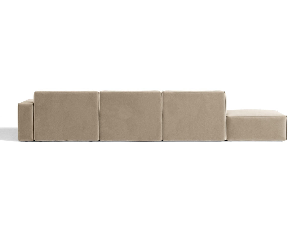 Ecksofa rechts Jodie von Micadoni in Leichtes beige mit Samtstoff-Bezug Venus, modulare Bauweise und schwarzen Kunststoffbeinen.