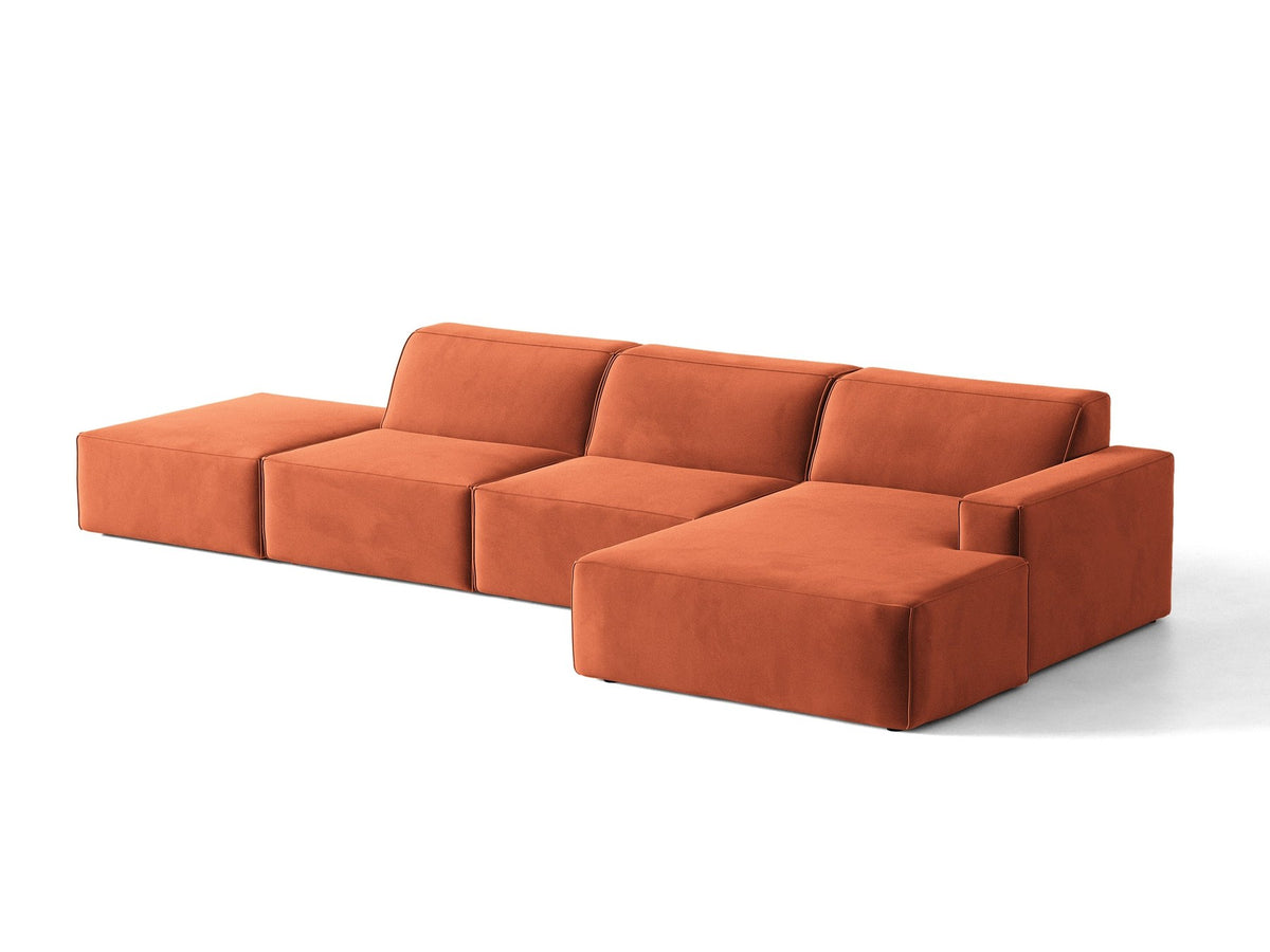 Ecksofa rechts Jodie von Micadoni in Leichtes beige mit Samtstoff-Bezug Venus, modulare Bauweise und schwarzen Kunststoffbeinen.