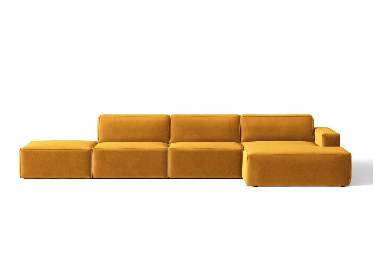 Ecksofa rechts Jodie von Micadoni in Leichtes beige mit Samtstoff-Bezug Venus, modulare Bauweise und schwarzen Kunststoffbeinen.