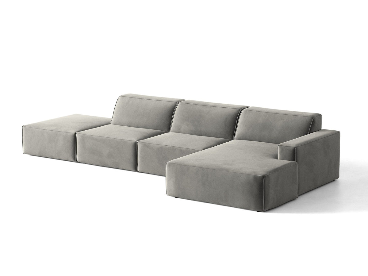Ecksofa rechts Jodie von Micadoni in Leichtes beige mit Samtstoff-Bezug Venus, modulare Bauweise und schwarzen Kunststoffbeinen.