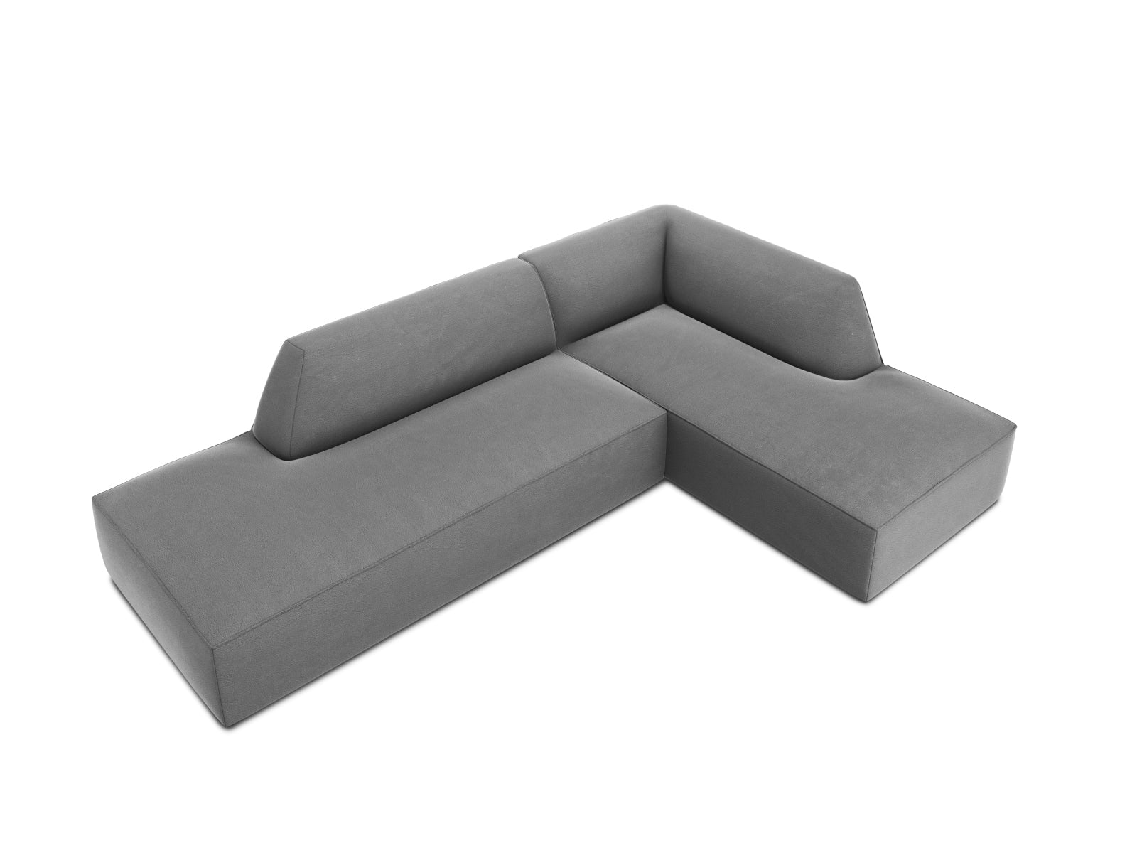 Modulares L-Sofa in edlem Ruby Velour, rechtsseitig, für vier Personen. Ideal für stilvolle Wohnräume und gemütliche Abende.