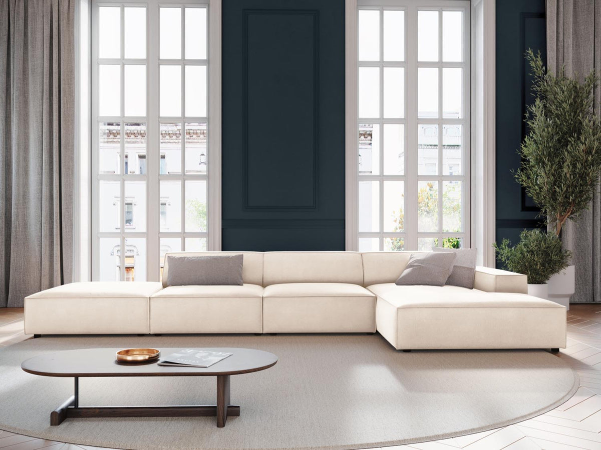 Jodie Velour modulares Ecksofa rechts 5 Sitzer in Light Beige-Bluvel präsentiert im Onlineshop von KAQTU Design AG. L-Sofa rechts ist von Micadoni