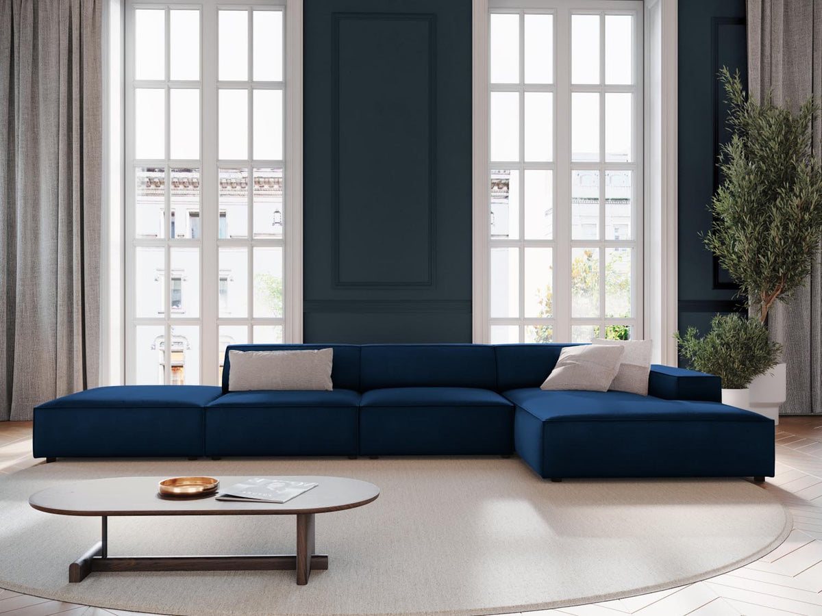 Jodie Velour modulares Ecksofa rechts 5 Sitzer in Royal Blue-Bluvel präsentiert im Onlineshop von KAQTU Design AG. L-Sofa rechts ist von Micadoni