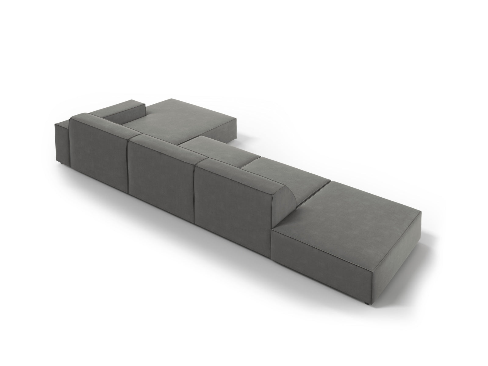 Modulares 5-Sitzer Ecksofa Jodie Velour in sanftem Grau, perfekt für moderne Wohnzimmer, bietet Komfort und Stil von Micadoni.