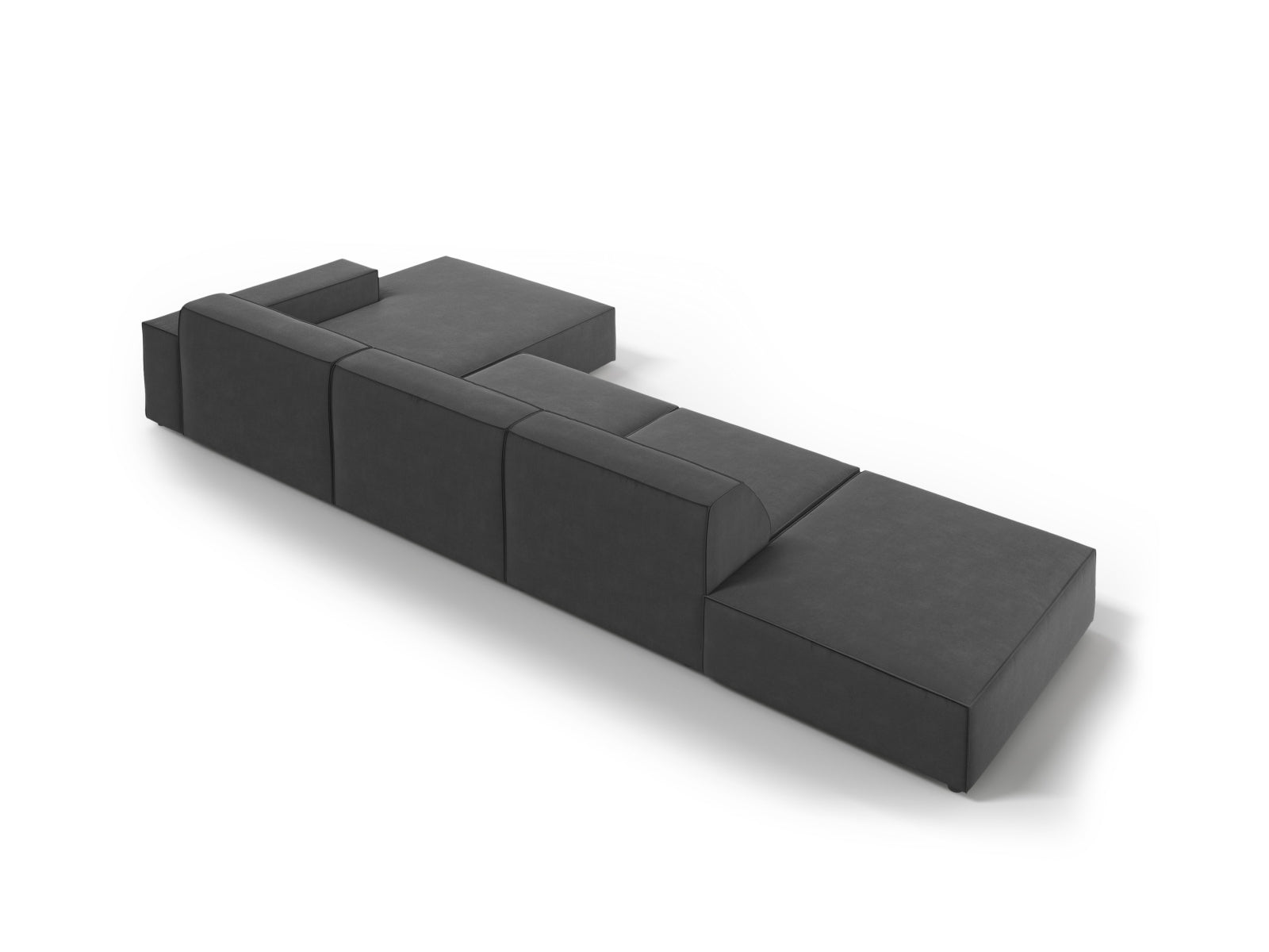 Modulares 5-Sitzer Ecksofa Jodie Velour in Grau-Blau, perfekt für moderne Wohnzimmer und gemütliche Zusammenkünfte.