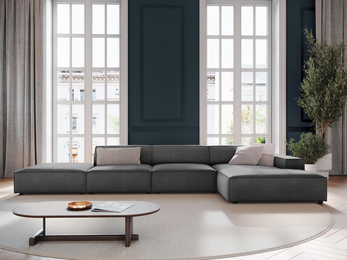 Jodie Velour modulares Ecksofa rechts 5 Sitzer in Grey-Bluvel präsentiert im Onlineshop von KAQTU Design AG. L-Sofa rechts ist von Micadoni