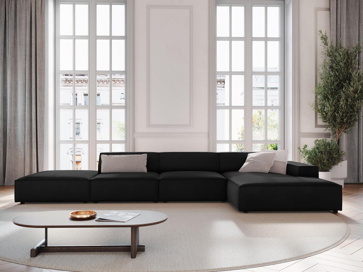 Jodie Velour modulares Ecksofa rechts 5 Sitzer in Black-Bluvel präsentiert im Onlineshop von KAQTU Design AG. L-Sofa rechts ist von Micadoni
