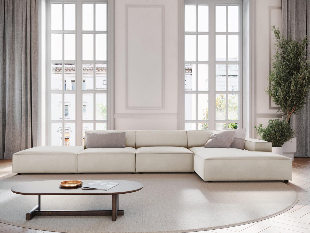 Jodie Velour modulares Ecksofa rechts 5 Sitzer in Dark Beige-Bluvel präsentiert im Onlineshop von KAQTU Design AG. L-Sofa rechts ist von Micadoni