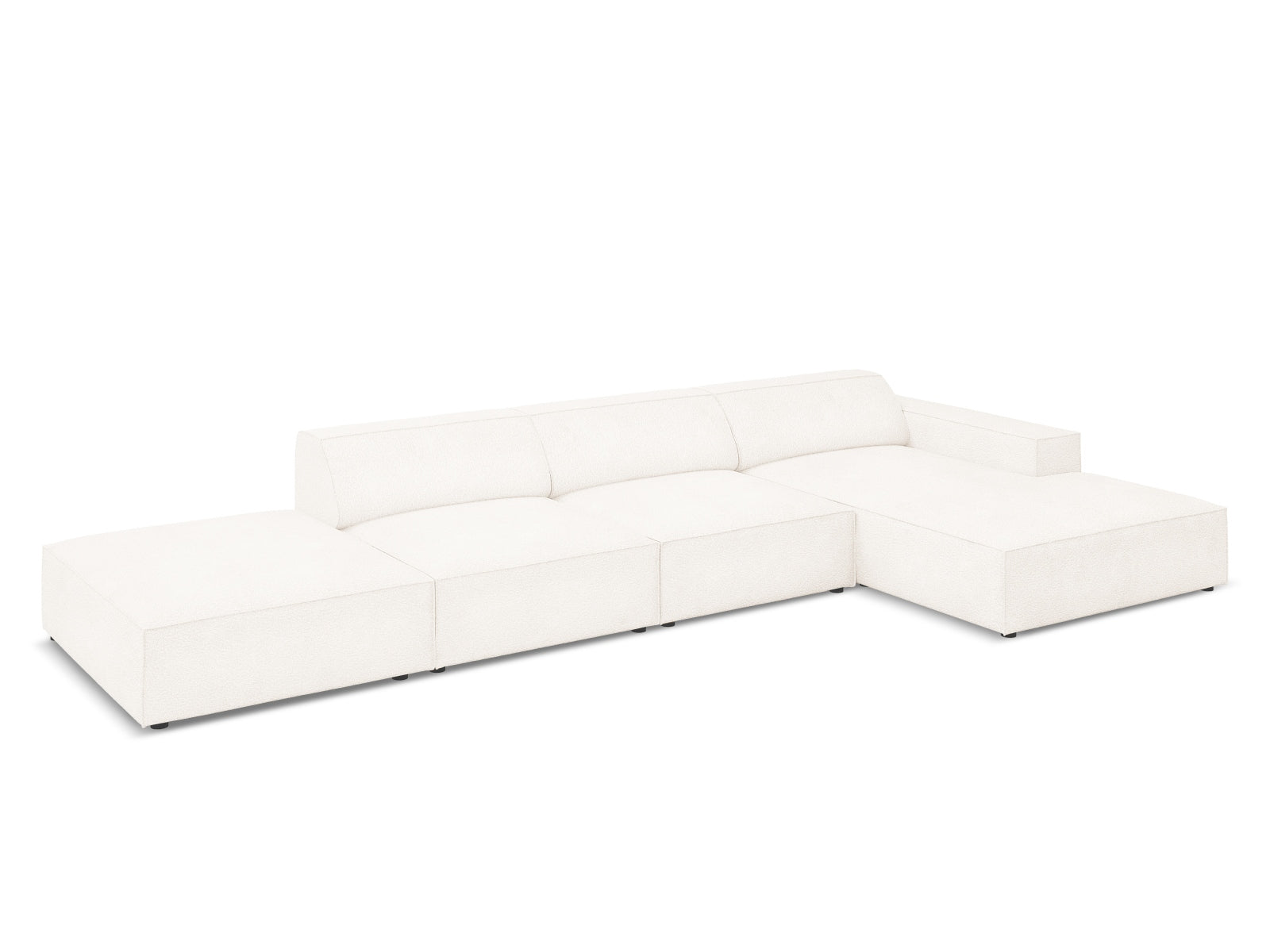 Entdecken Sie das Jodie Boucle Ecksofa rechts von Micadoni – ein elegantes, modulares 5-Sitzer Sofa, das Stil und Flexibilität in Ihr Zuhause bringt.