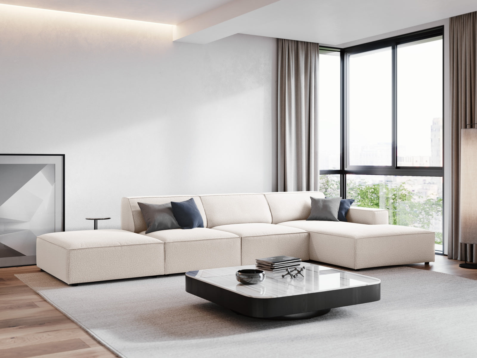 Entdecken Sie das stilvolle Jodie Ecksofa von Micadoni – ein 5-Sitzer in modernem Design, ideal für Ihr Wohnzimmer. Komfort und Eleganz vereint!