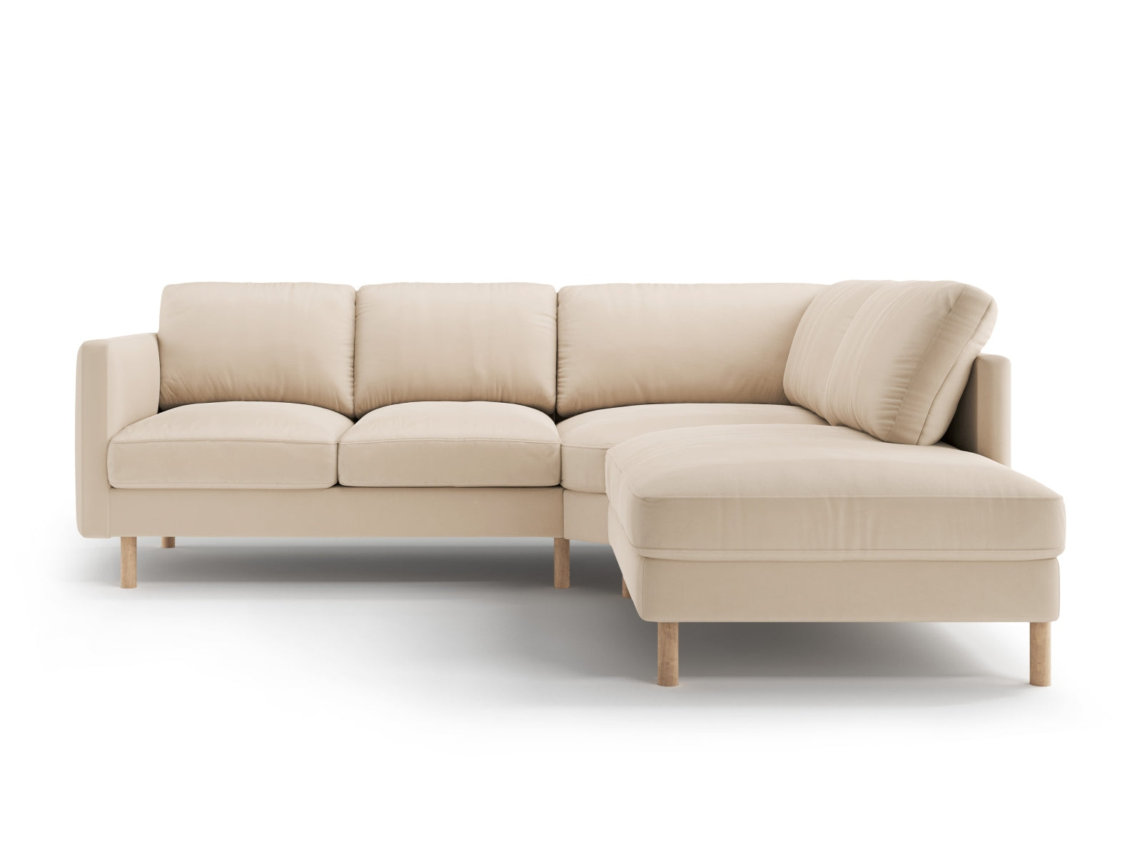 Modernes Eden Velour Ecksofa rechts, 4-Sitzer in zartem Nude, perfekt für gemütliche Abende und stilvolle Einrichtung von Micadoni.