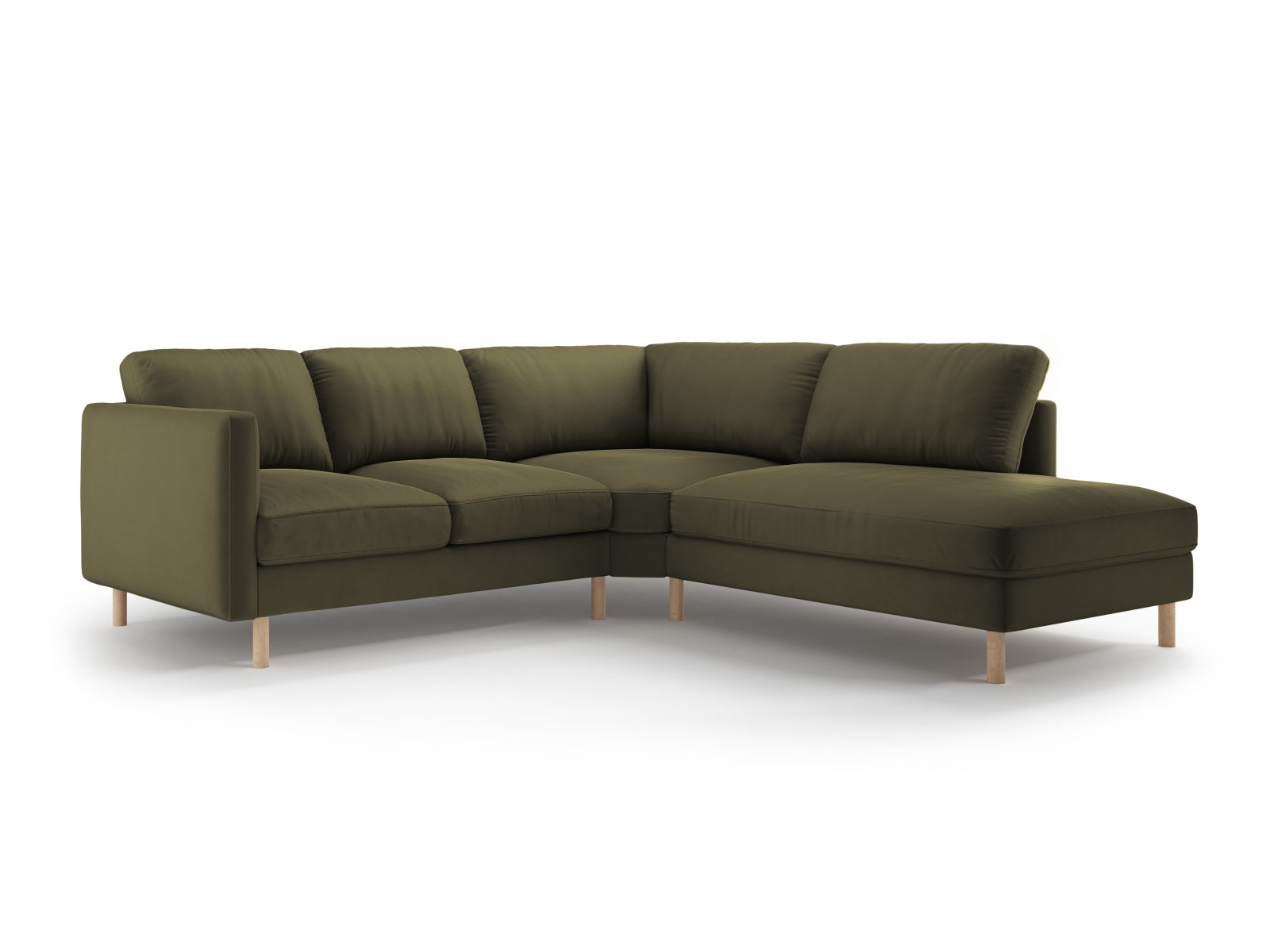 Elegantes Eden Velour Ecksofa rechts für 4 Personen in luxuriösem Moss Green Melange, ideal für stilvolle Wohnräume und gesellige Abende.