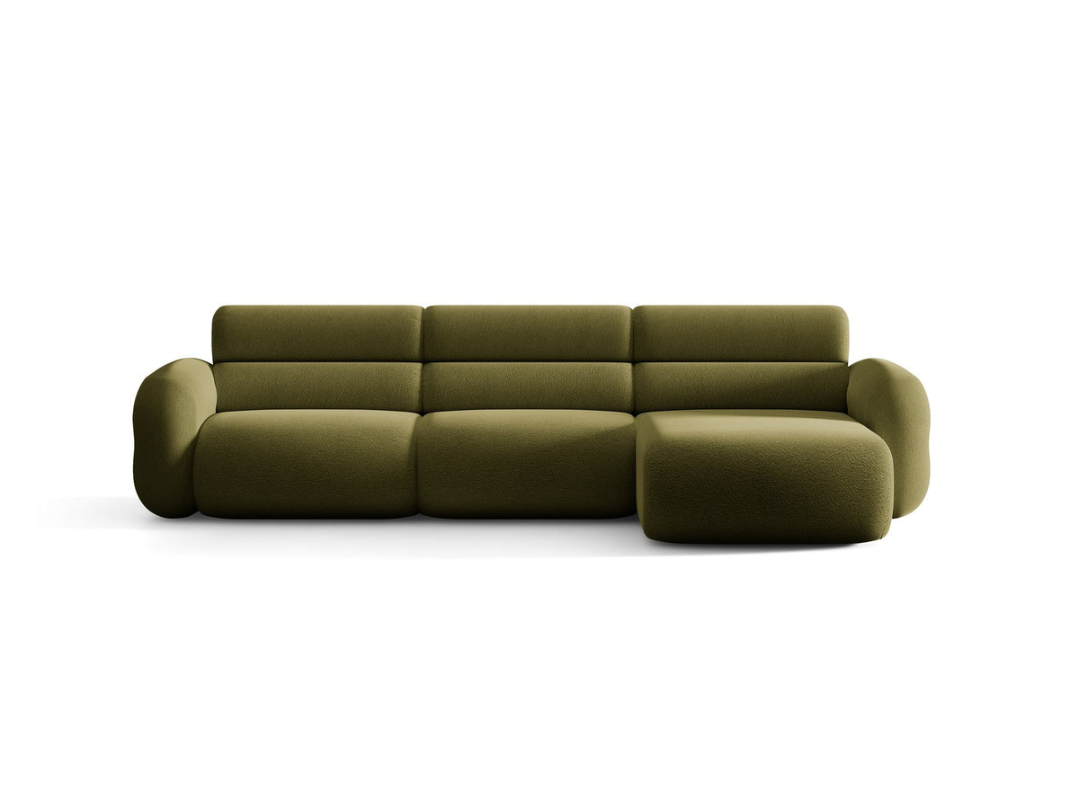 Neo Linkes Ecksofa von Micadoni in dunklem Olivgrün, L-Form mit hoher Rückenlehne, strukturiertem Baloo-Stoff und schwarzen Kunststoffbeinen.