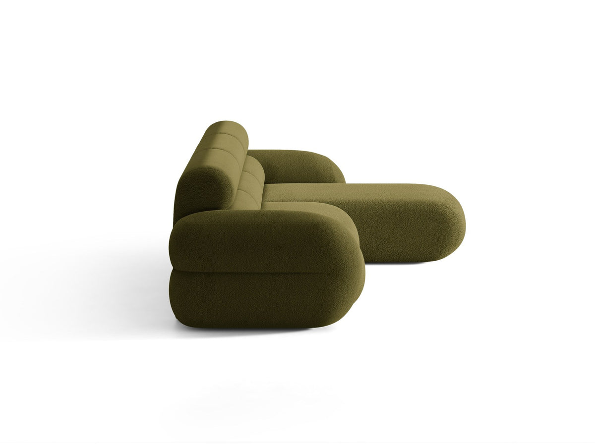 Neo Linkes Ecksofa von Micadoni in dunklem Olivgrün, L-Form mit hoher Rückenlehne, strukturiertem Baloo-Stoff und schwarzen Kunststoffbeinen.