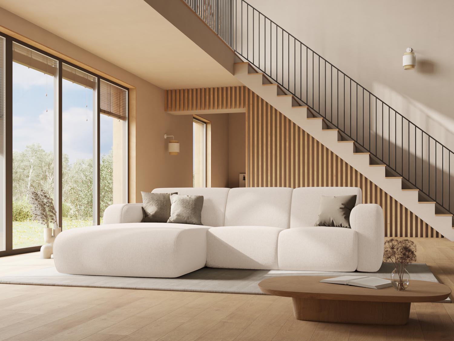 Stylisches Molino Ecksofa in Pink-Rebel, 4-Sitzer, ideal für moderne Wohnräume, präsentiert in einladender Atmosphäre.