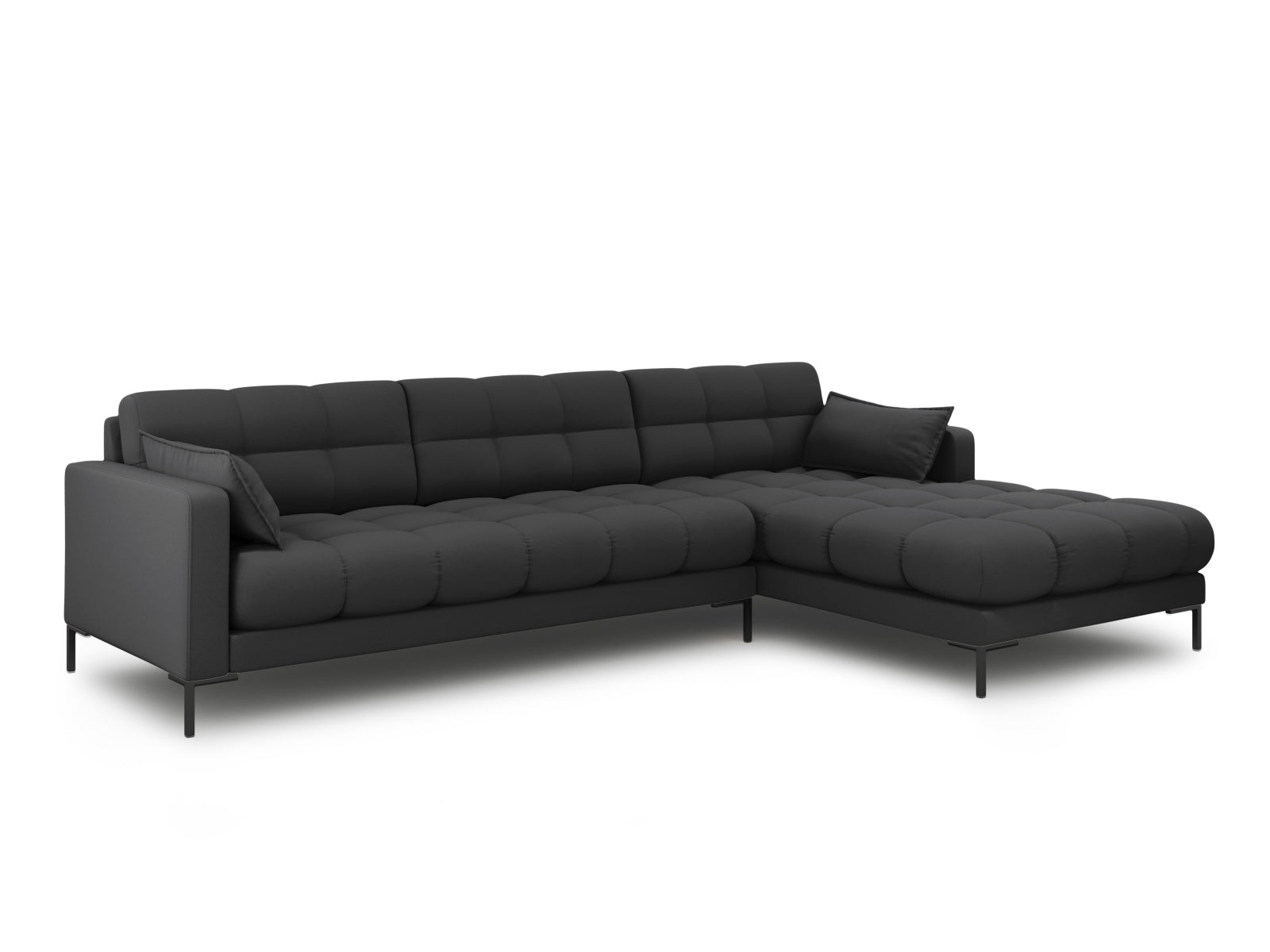 Elegantes Mamaia Ecksofa rechts, 5-Sitzer in stilvollem Dunkelgrau/Schwarz, ideal für moderne Wohnräume, erhältlich bei KAQTU Design AG.