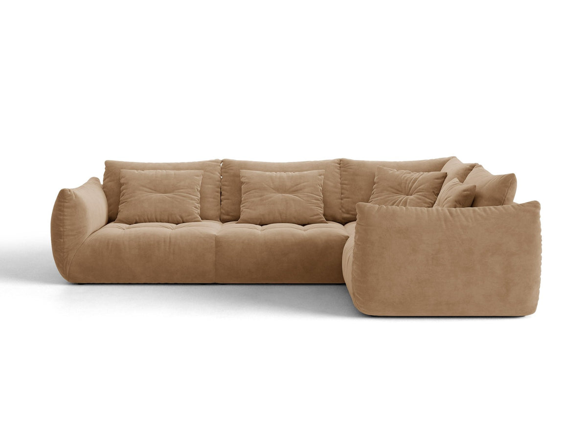 Ecksofa rechts Bloom von Micadoni in leichtem Beige, Veloursstoff Casino Pearl, schwarze Kunststoffbeine, moderne Polstermöbel-Form.