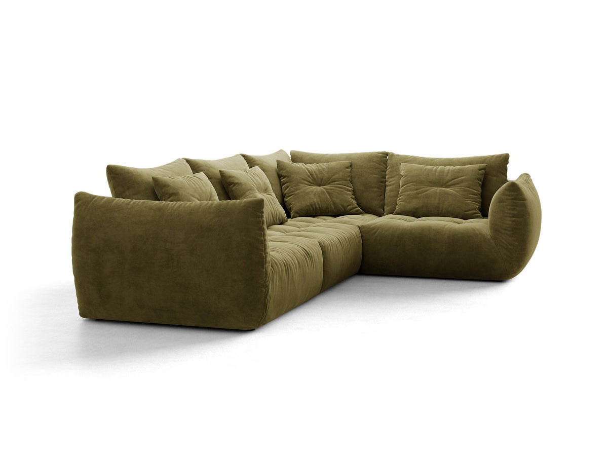 Ecksofa rechts Bloom von Micadoni in leichtem Beige, Veloursstoff Casino Pearl, schwarze Kunststoffbeine, moderne Polstermöbel-Form.