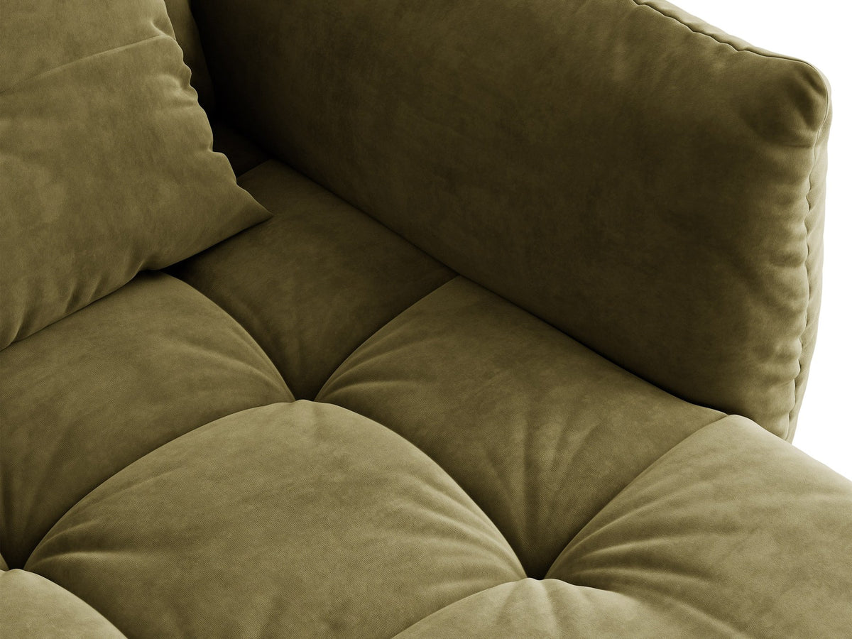 Ecksofa rechts Bloom von Micadoni in leichtem Beige, Veloursstoff Casino Pearl, schwarze Kunststoffbeine, moderne Polstermöbel-Form.