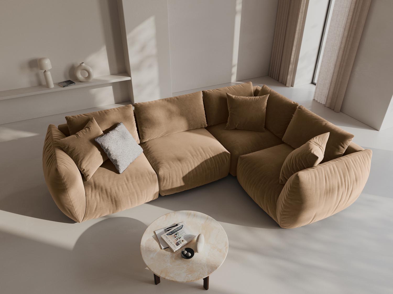 Entdecken Sie das Chris Velour Ecksofa rechts von Micadoni – ein elegantes 4-Sitzer Sofa, das modernen Stil und höchsten Komfort bietet.