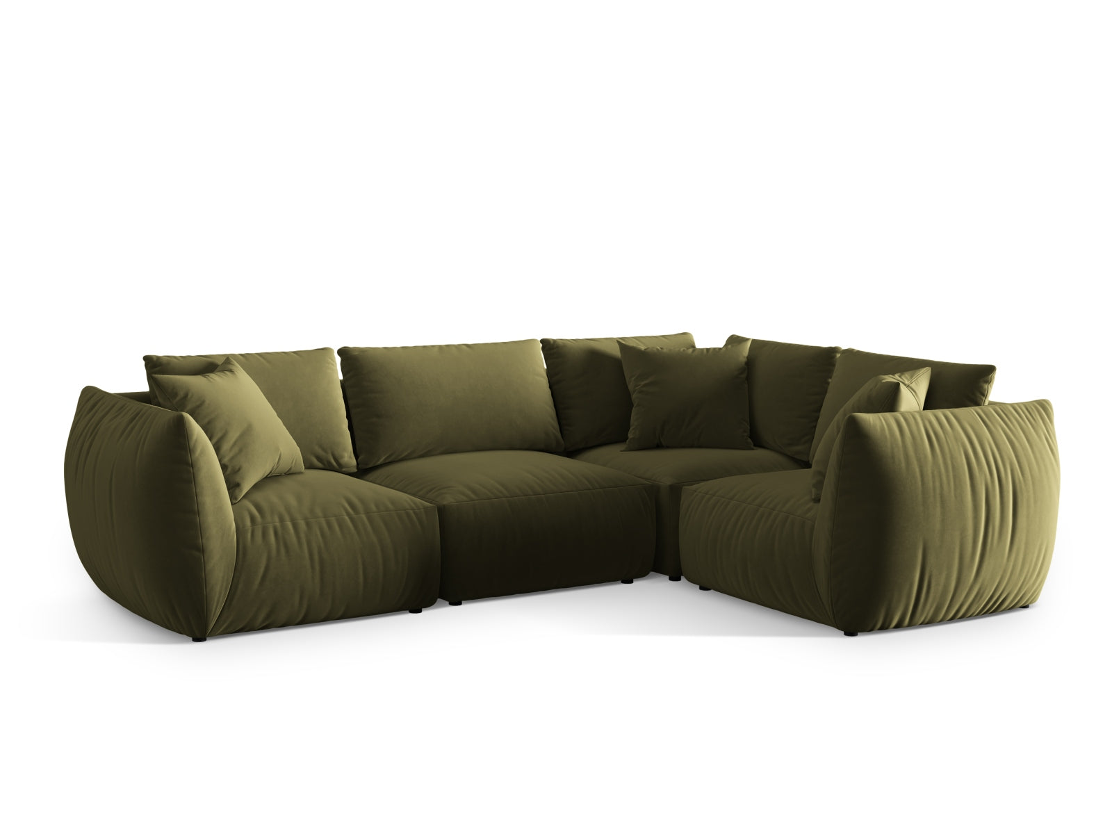 Stylisches Chris Velour Ecksofa in zartem Hellgrün, bietet großzügigen Platz für 4 Personen und verleiht jedem Raum eine moderne Note.