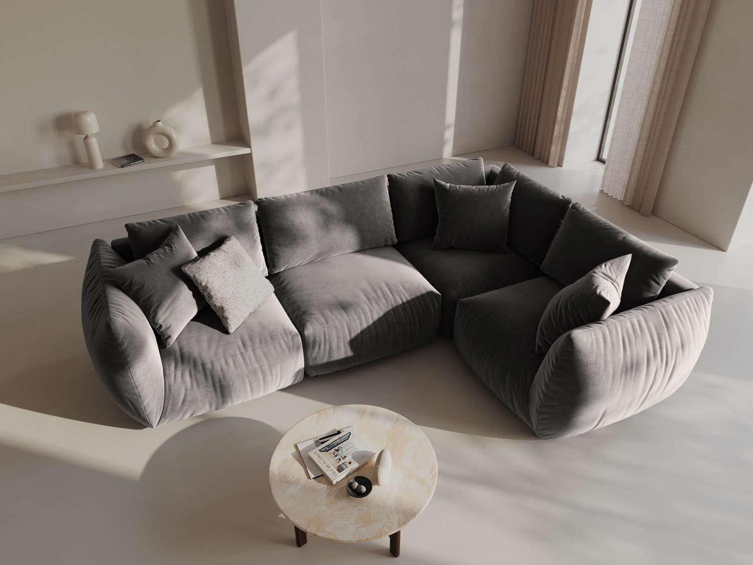 Elegantes Chris Velour Ecksofa rechts im modernen Design, ideal für stilvolle Wohnräume. Komfortabel und einladend, perfekt für entspannte Abende.